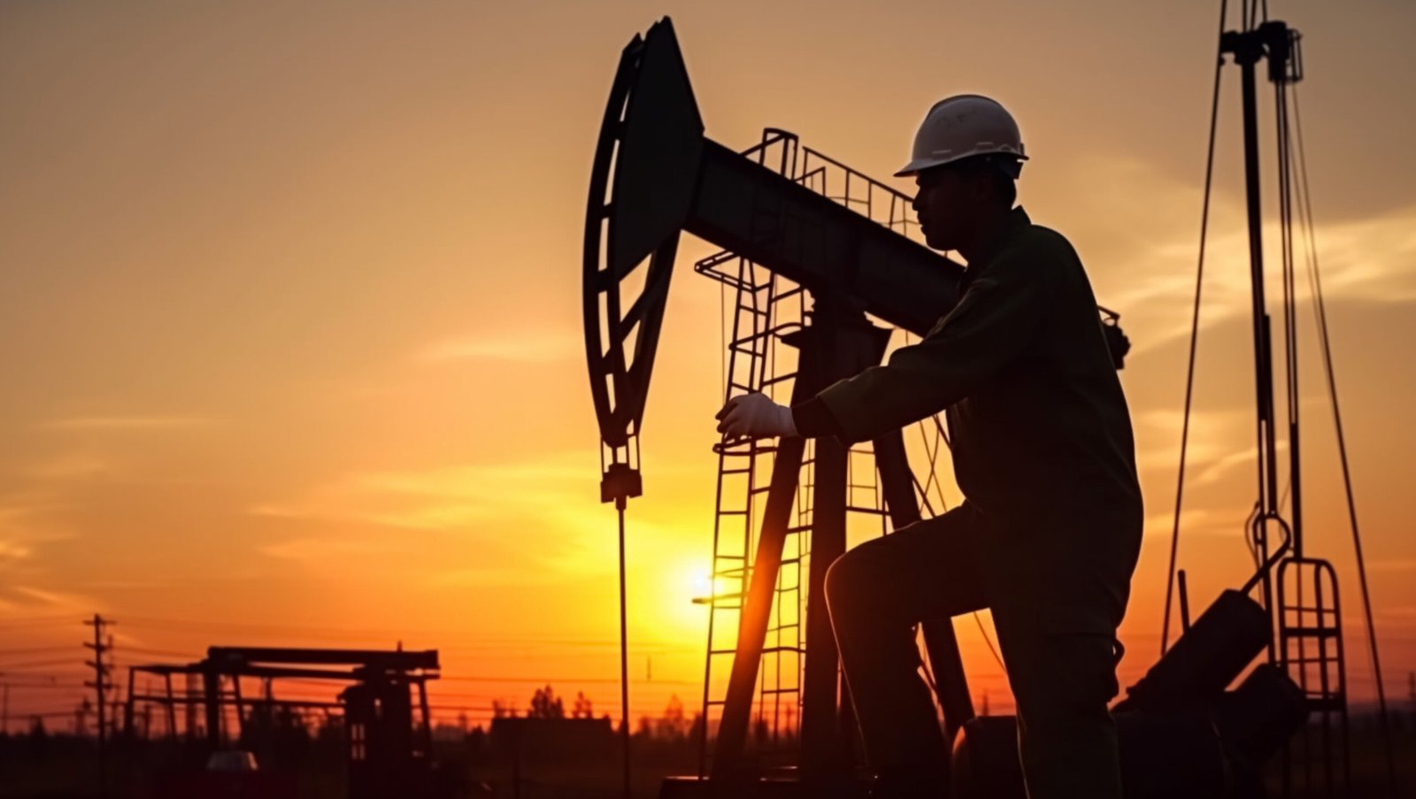 Worker and oil rig in sunset, created with Generative AI technology